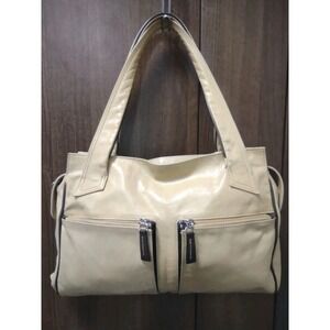 Petusco Cream Leather Satchel Handbag W/Brown Leather Trim Italy 14"X11"X3"